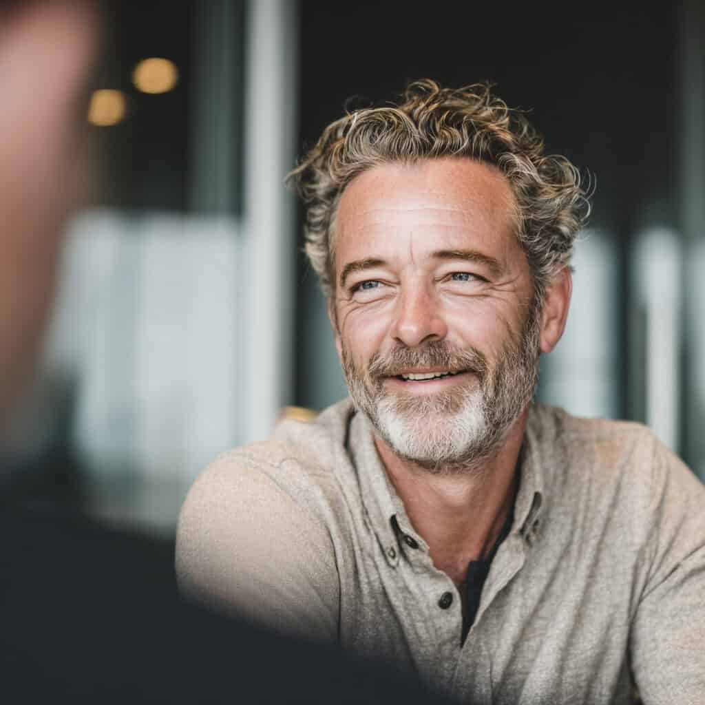 35 50 year old man in a small meeting with a colleague conver 726c67cc 8c9a 4dce b364 24cb6c72d079 0