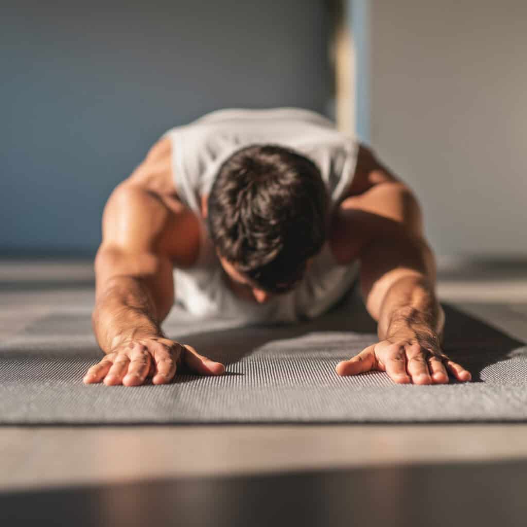 40s average man doing a light stretch on a plain gym mat empt a6a4f2da 29b4 4abd 912f c14afd090c71 0