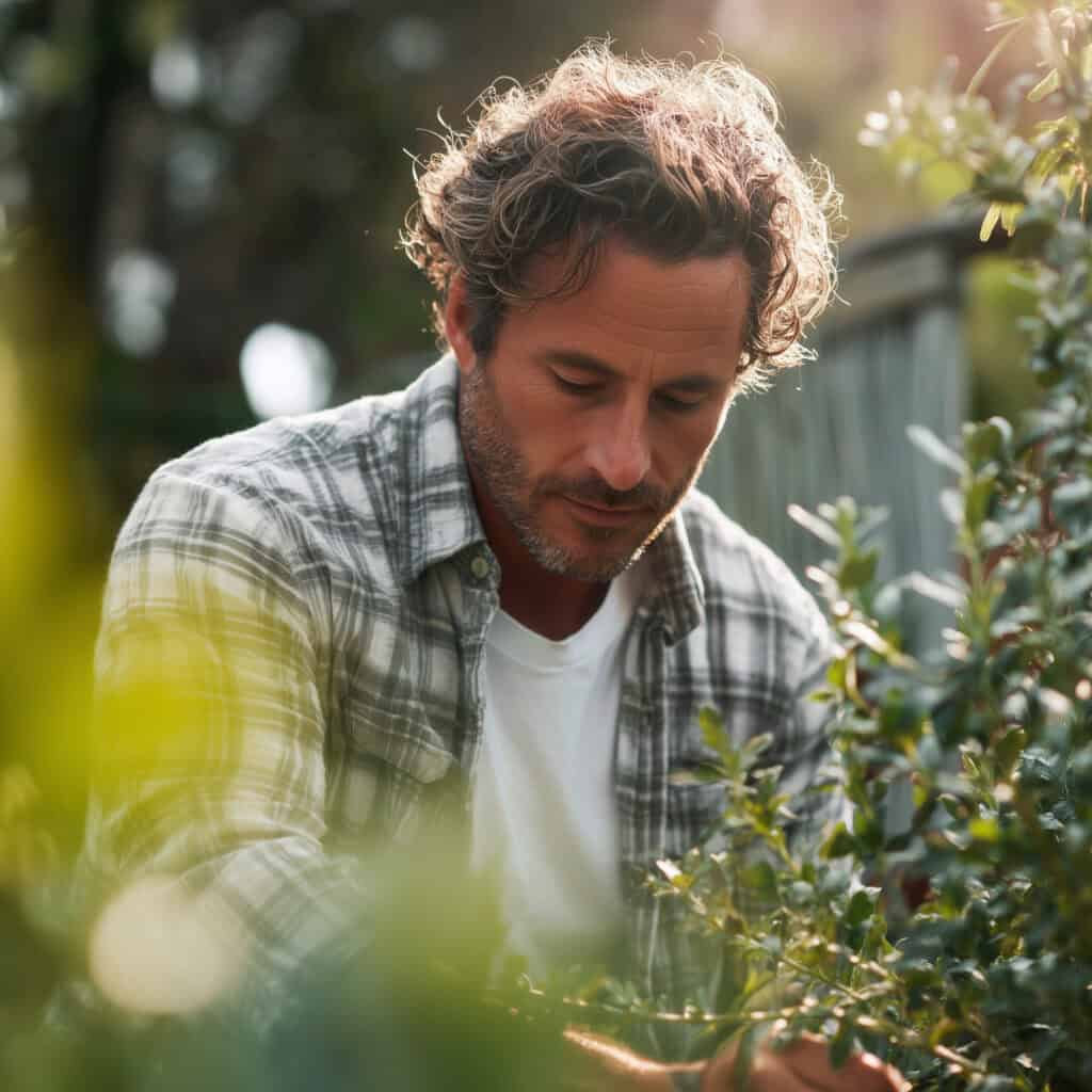 40s man tending a backyard garden casual clothes soft natural 720206f0 ba15 4fe7 9505 ea9ae76bc7da 0