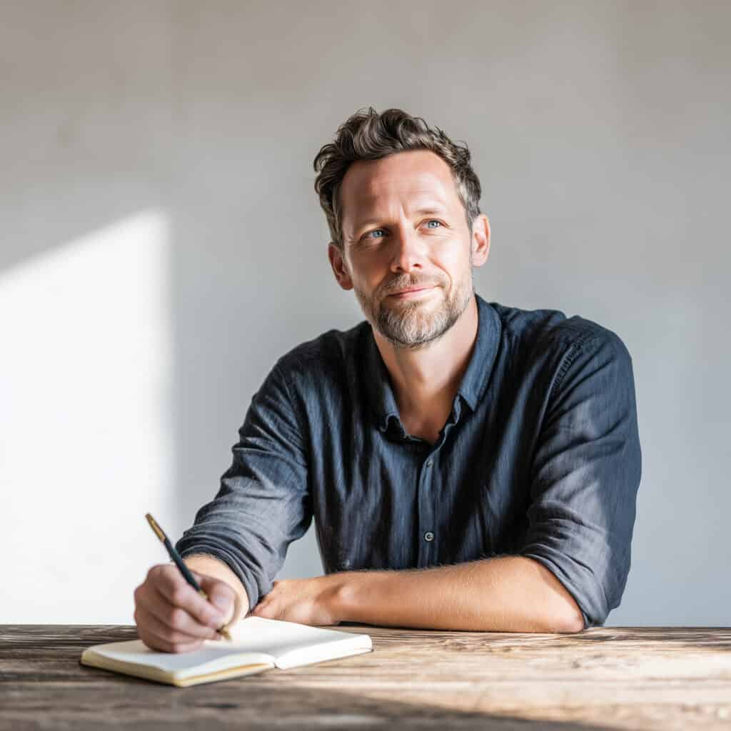 Mid 40s man sitting at a table with only a notebook and pen s 31c23469 ad3d 4b11 a4bf c4350a5a1a38 0