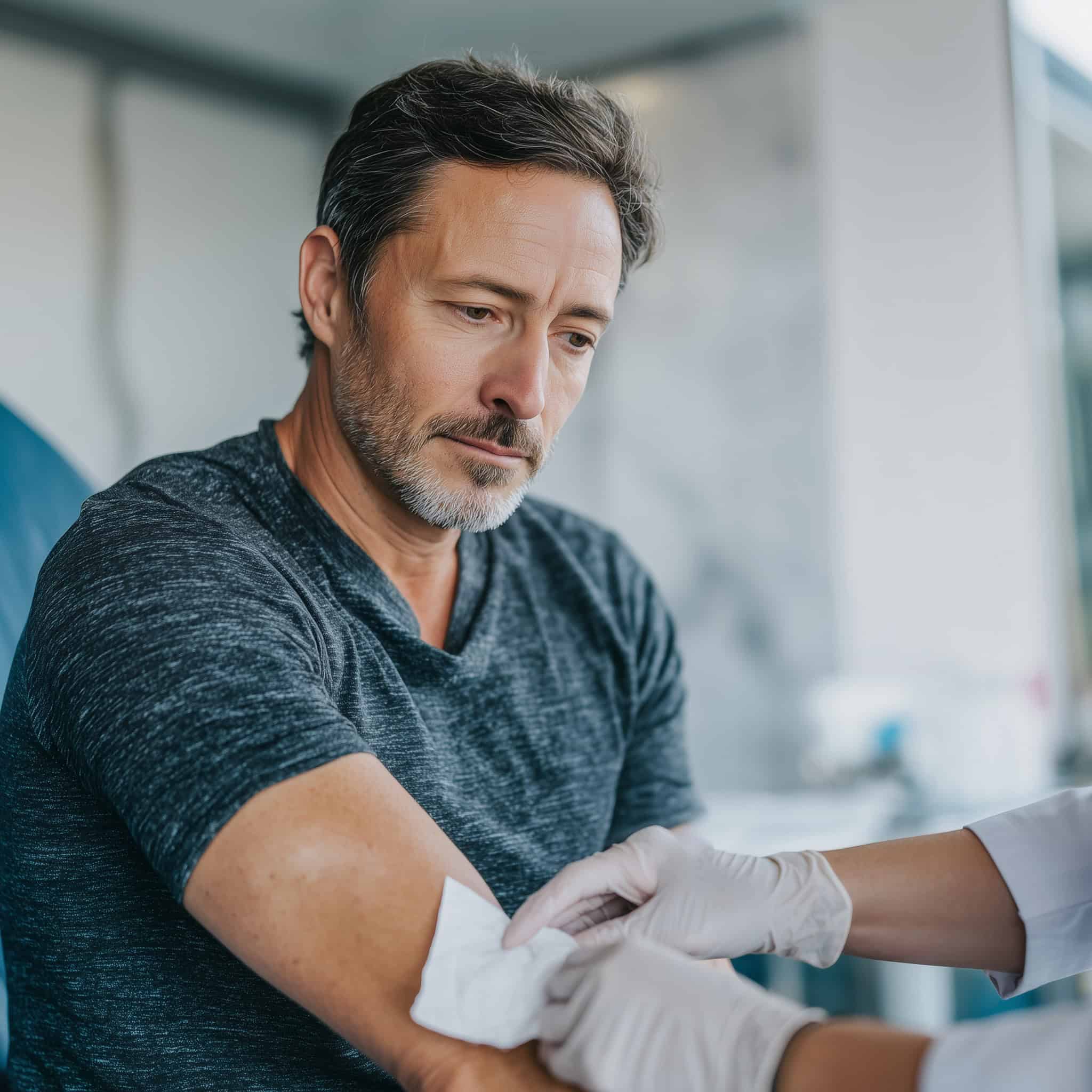 a nurse is cleaning the elbow crease of a 35 50 year old man bb672c47 db49 47ee 85cd 4c9e5fd8954e 0