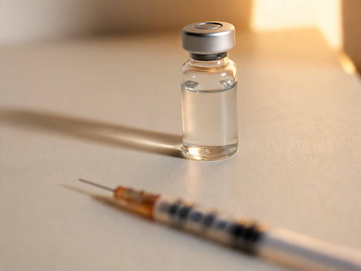 A single unlabeled medication vial standing on a pale surface in warm evening light, an insulin syringe out of focus in front of it, the form sermorelin is dispensed in for a nightly injection under the skin