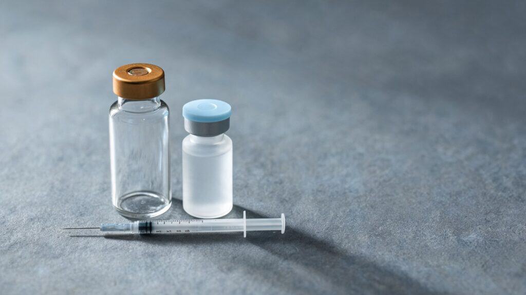 Two pharmacy vials of different size beside an insulin syringe on a grey surface