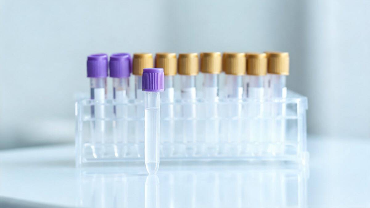 A rack of capped blood collection tubes on a pale laboratory bench, one lavender-capped tube standing forward in sharp focus