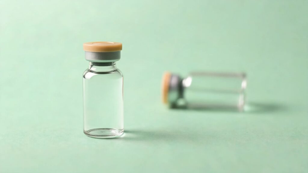 Two unlabeled glass pharmacy vials on a pale green surface, one standing upright and in sharp focus, the second lying on its side and out of focus behind it