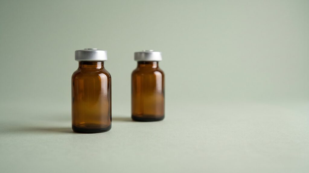 Two unlabelled amber pharmacy vials side by side on a pale green surface, one in focus and one behind it